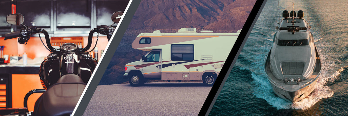 3 image collage of a motorcycle, and RV, and a luxury yacht. Every image has something orange in it.
